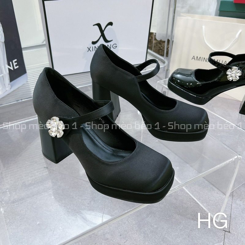 Giày cao gót satin quai ngang hoa đá đế đúp gót trụ fullbox hàng quảng châu cao cấp