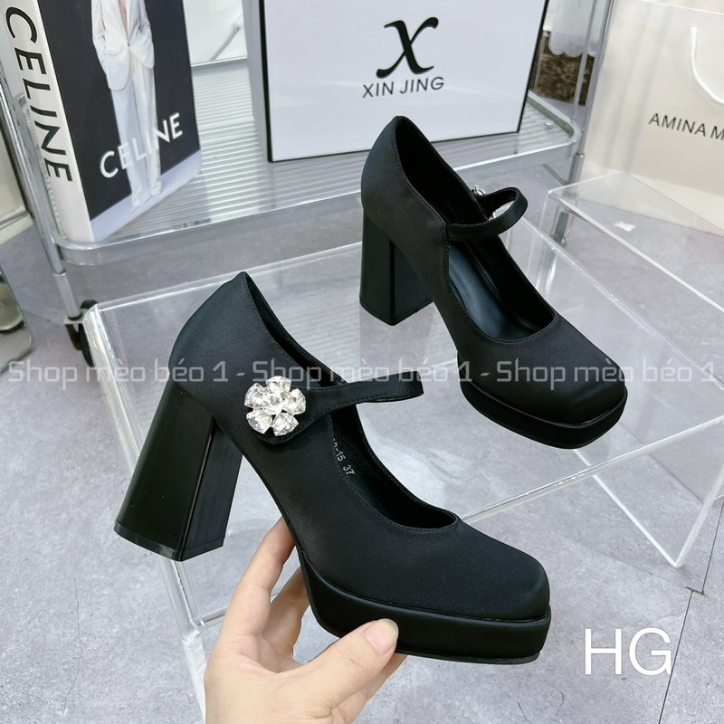 Giày cao gót satin quai ngang hoa đá đế đúp gót trụ fullbox hàng quảng châu cao cấp