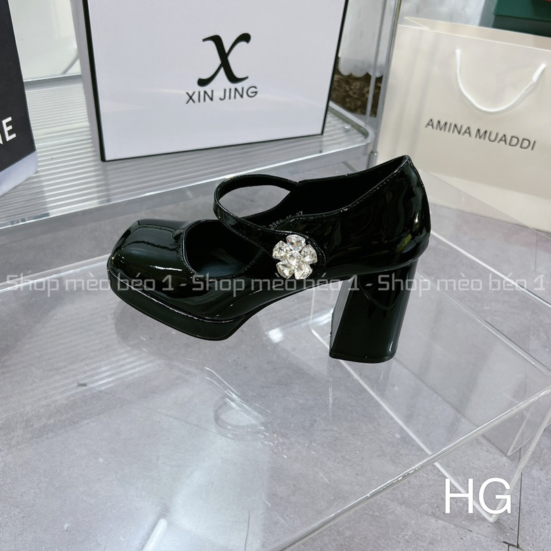 Giày cao gót satin quai ngang hoa đá đế đúp gót trụ fullbox hàng quảng châu cao cấp