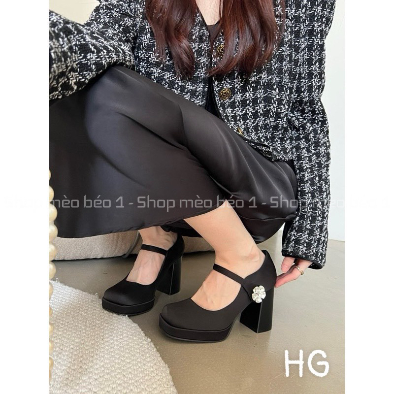 Giày cao gót satin quai ngang hoa đá đế đúp gót trụ fullbox hàng quảng châu cao cấp