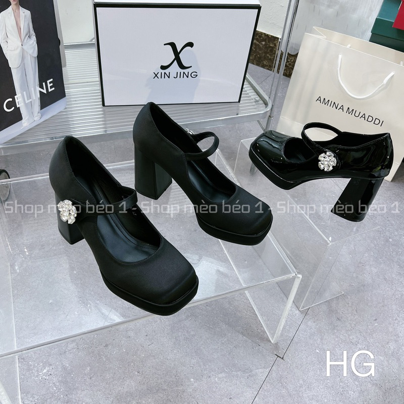 Giày cao gót satin quai ngang hoa đá đế đúp gót trụ fullbox hàng quảng châu cao cấp