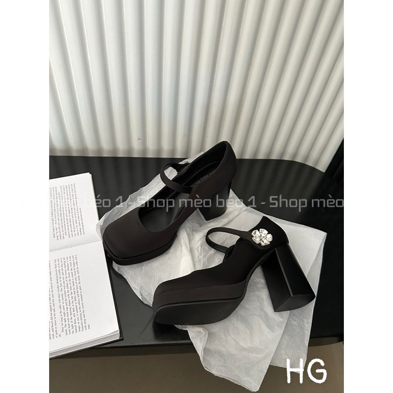 Giày cao gót satin quai ngang hoa đá đế đúp gót trụ fullbox hàng quảng châu cao cấp