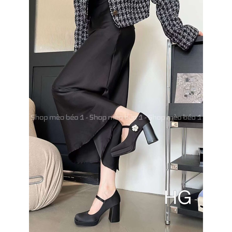 Giày cao gót satin quai ngang hoa đá đế đúp gót trụ fullbox hàng quảng châu cao cấp