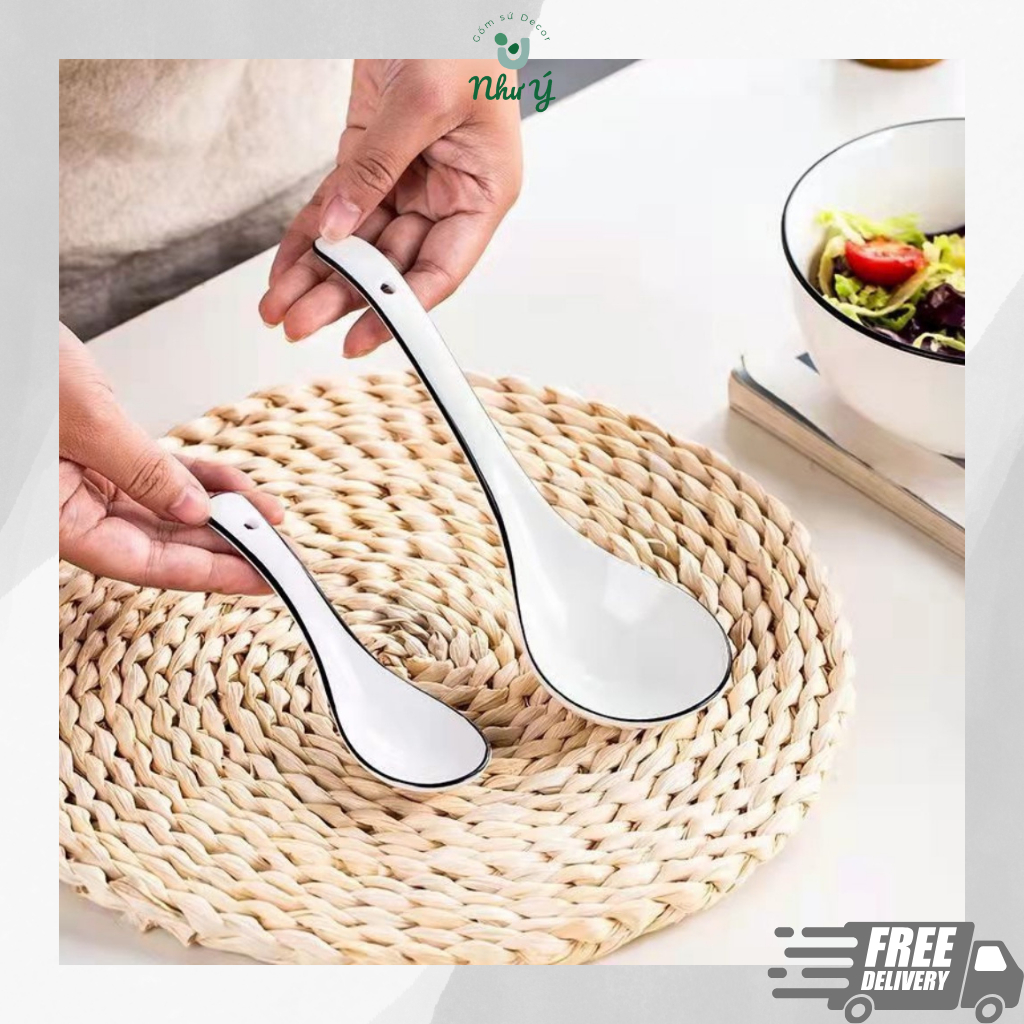 Thìa sứ, muỗng sứ trắng viền đen đơn giản dày dặn chịu nhiệt dễ làm sạch