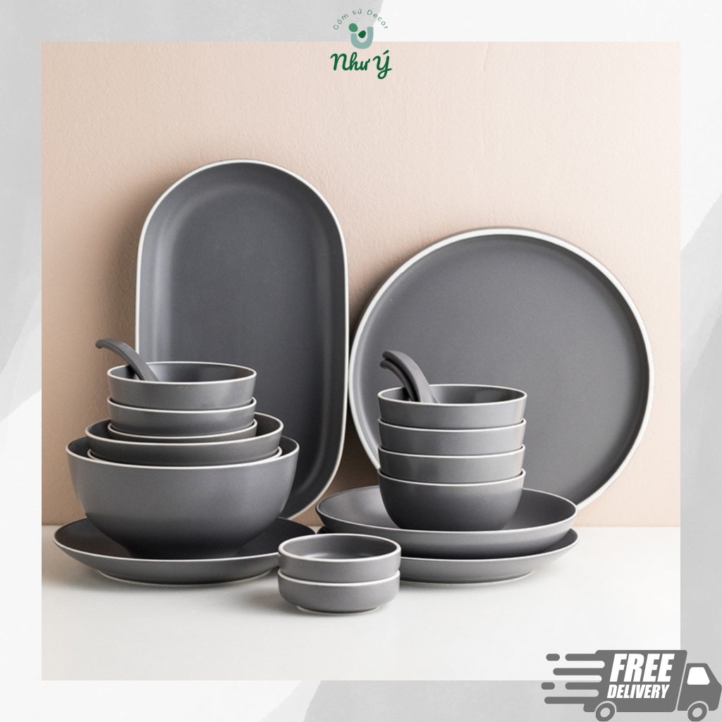 Bộ bát đĩa gốm sứ Bắc Âu cao cấp tráng men mờ màu đen lì - Tô chén đĩa gốm sứ đơn giản decor bàn ăn sáng tạo