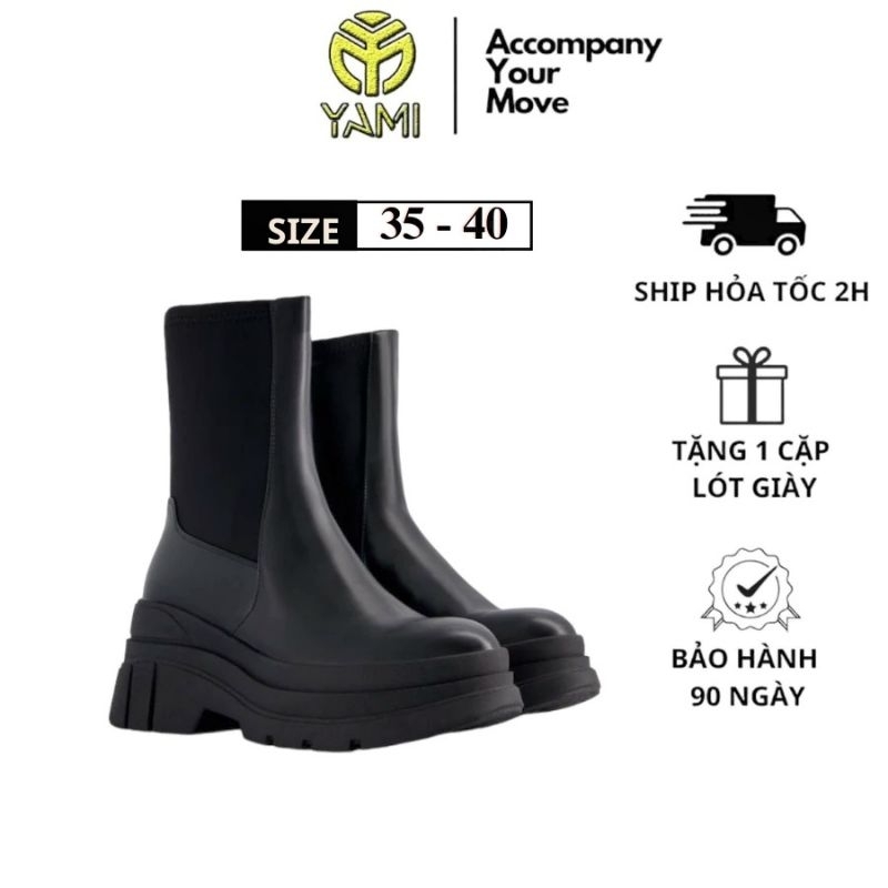 Giày Boot Nữ Cổ Cao, Chunky Boot Nữ Lolita Y2K Cổ Thun Ôm Sát, Boot Nữ Đế Cao Mũi Tròn Màu Đen, Giày Hiệu Xuất Dư YAMI