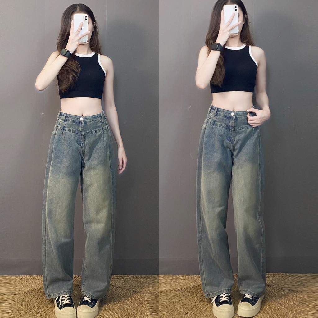 Quần jean nữ suông dài màu bụi đẹp,Quần bò loang màu chất dày không giãn