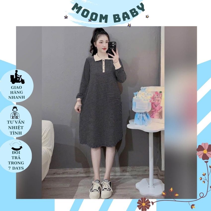 VÁY BẦU DÁNG SUÔNG V296 THIẾT KẾ KẺ NGANG KÈM KHĂN ĐIỆU ĐÀ CHO MẸ BẦU