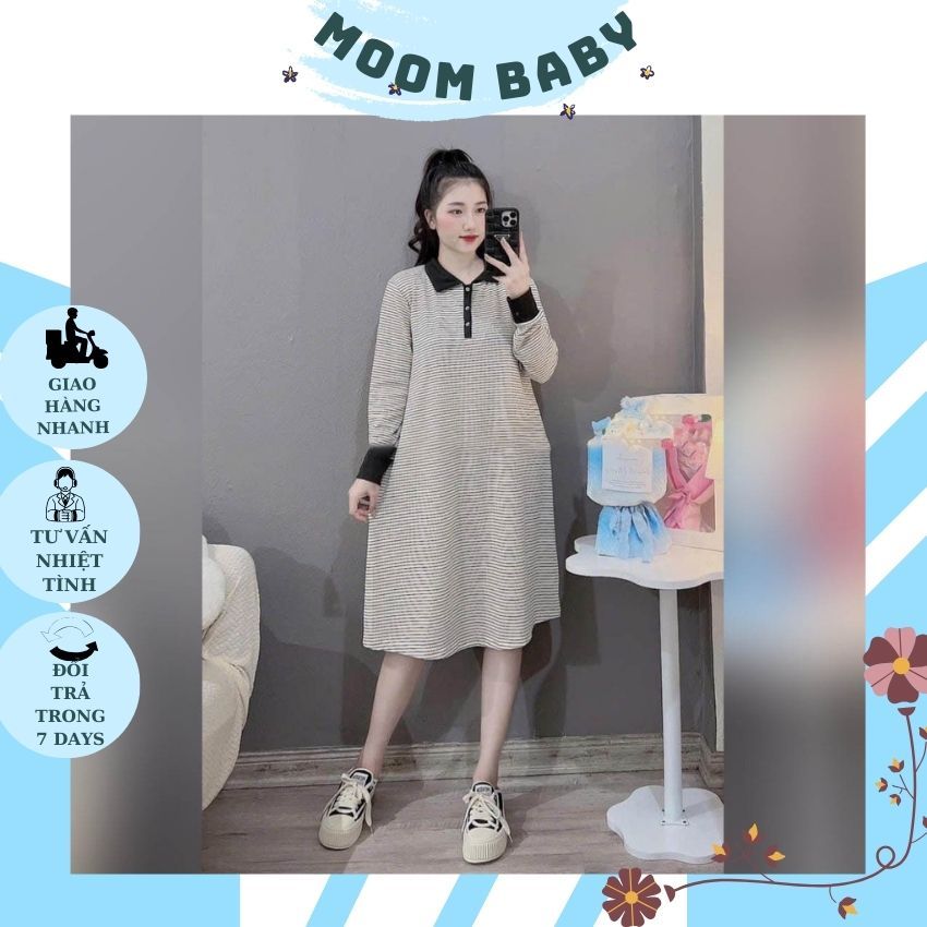 VÁY BẦU DÁNG SUÔNG V296 THIẾT KẾ KẺ NGANG KÈM KHĂN ĐIỆU ĐÀ CHO MẸ BẦU