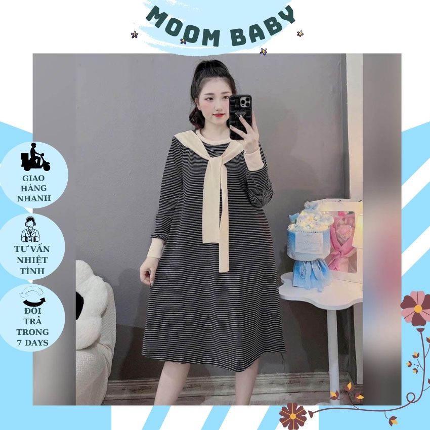 VÁY BẦU DÁNG SUÔNG V296 THIẾT KẾ KẺ NGANG KÈM KHĂN ĐIỆU ĐÀ CHO MẸ BẦU