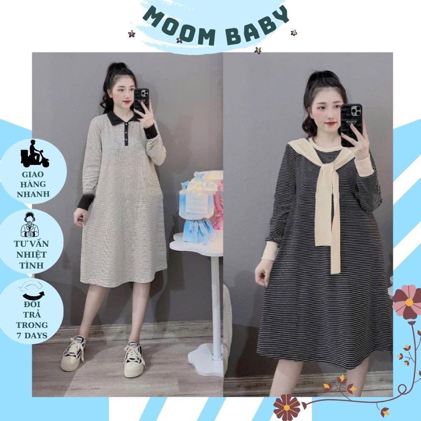VÁY BẦU DÁNG SUÔNG V296 THIẾT KẾ KẺ NGANG KÈM KHĂN ĐIỆU ĐÀ CHO MẸ BẦU