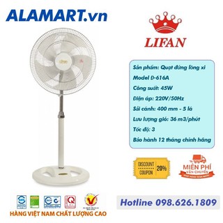 Quạt Đứng Lifan Đ-616A Trắng - Lồng Xi sử dụng gia đình 5 lá lớn quạt êm