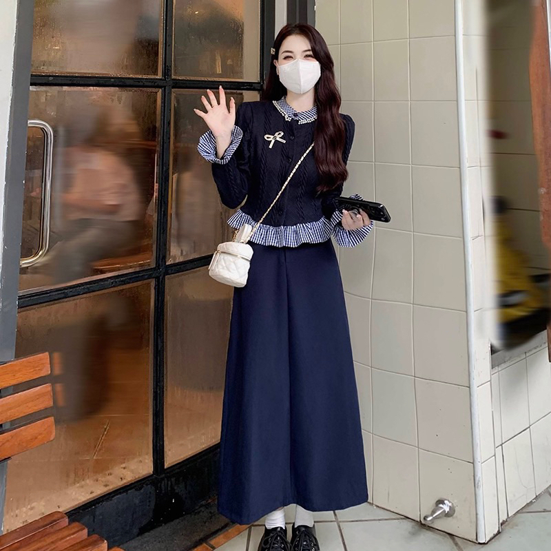 Set Áo Len Vặn Thừng Phối Bèo Kẻ Dập Ngọc Mix Chân Vá, set áo váy mùa đông phù hợp các nàng công sở V12