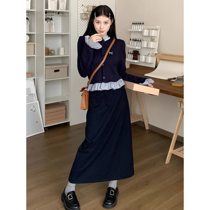 Set Áo Len Vặn Thừng Phối Bèo Kẻ Dập Ngọc Mix Chân Vá, set áo váy mùa đông phù hợp các nàng công sở V12