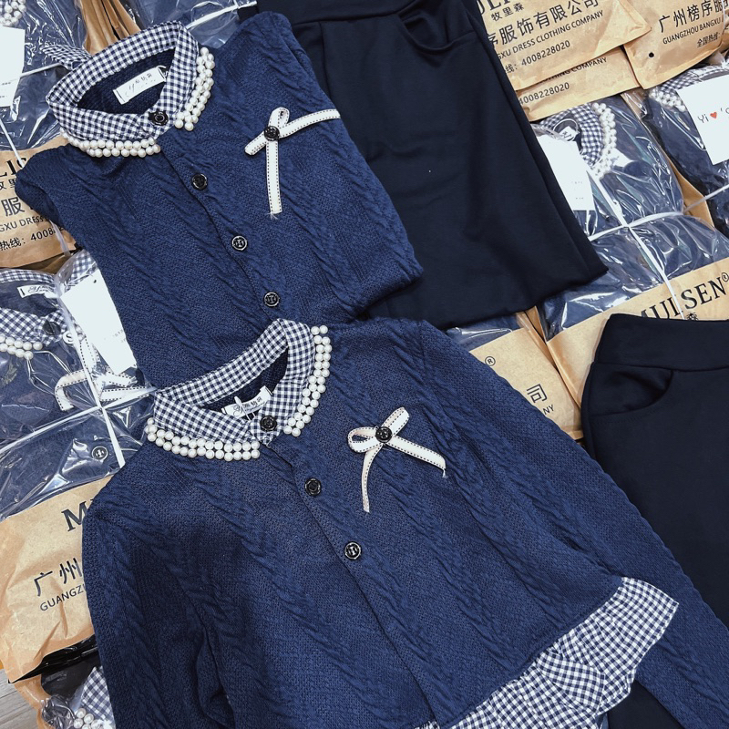 Set Áo Len Vặn Thừng Phối Bèo Kẻ Dập Ngọc Mix Chân Vá, set áo váy mùa đông phù hợp các nàng công sở V12