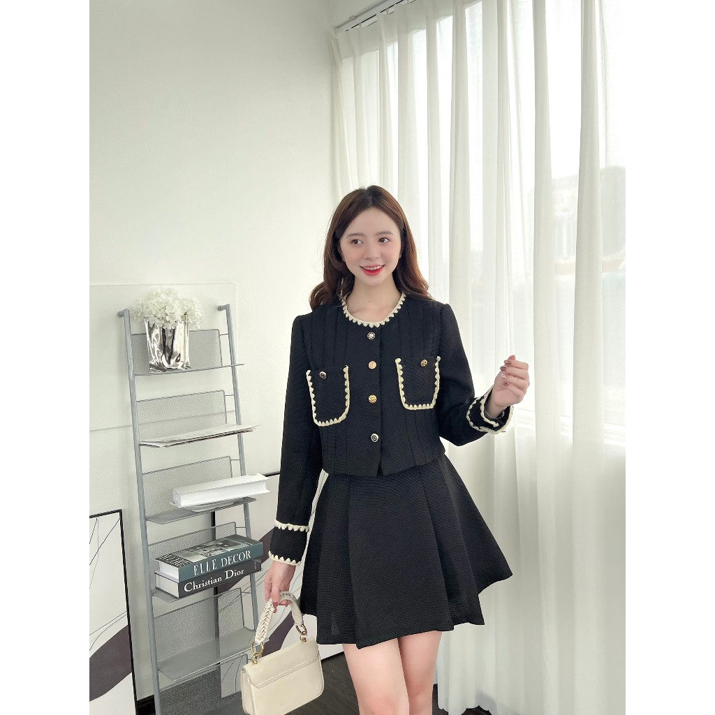 Set dạ mix kèm chân váy xếp ly - Set áo và chân váy thanh lịch Hari GenZ 701 P0K44