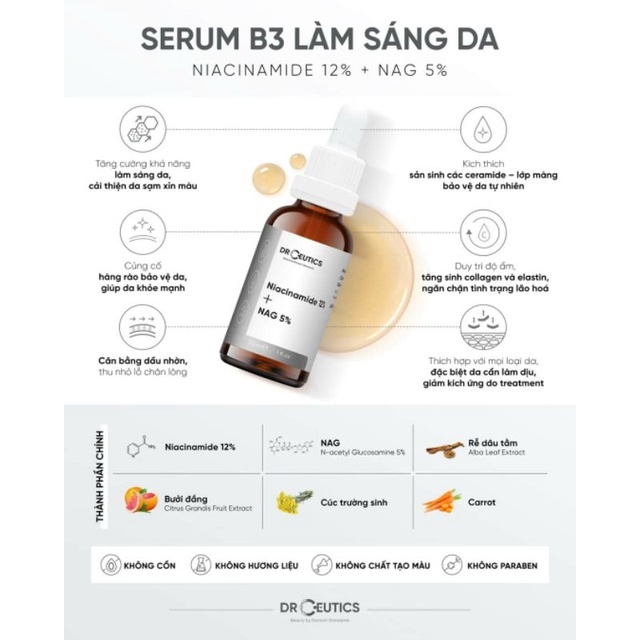 Serum B3 Niacinamide 12% Drceutics Giảm Thâm Sáng Da Kiềm dầu