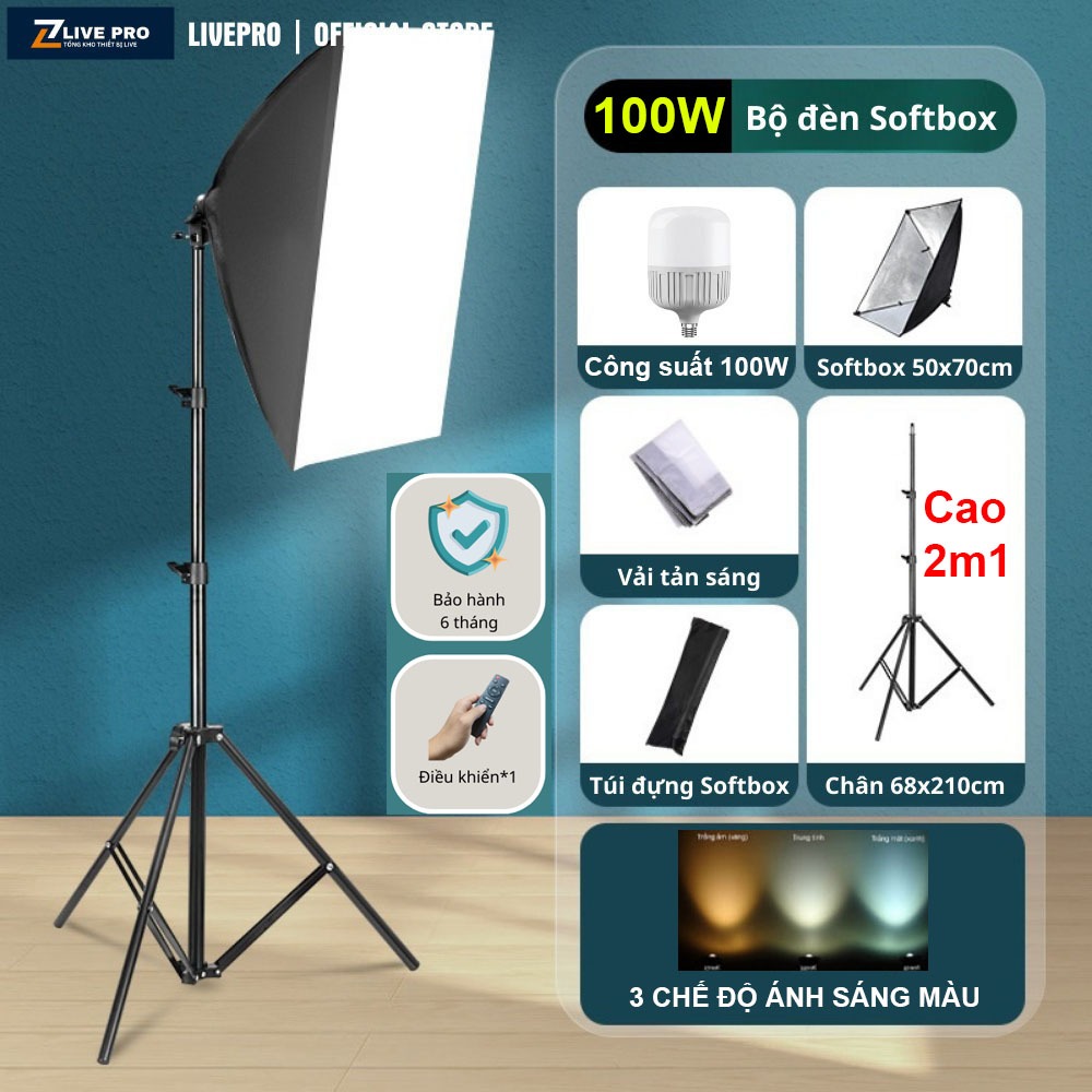 Bộ đèn studio chụp ảnh, quay phim, Livestream, quay phim chuyên nghiệp, Đèn Softbox chữ nhật hắt sáng 50x70cm