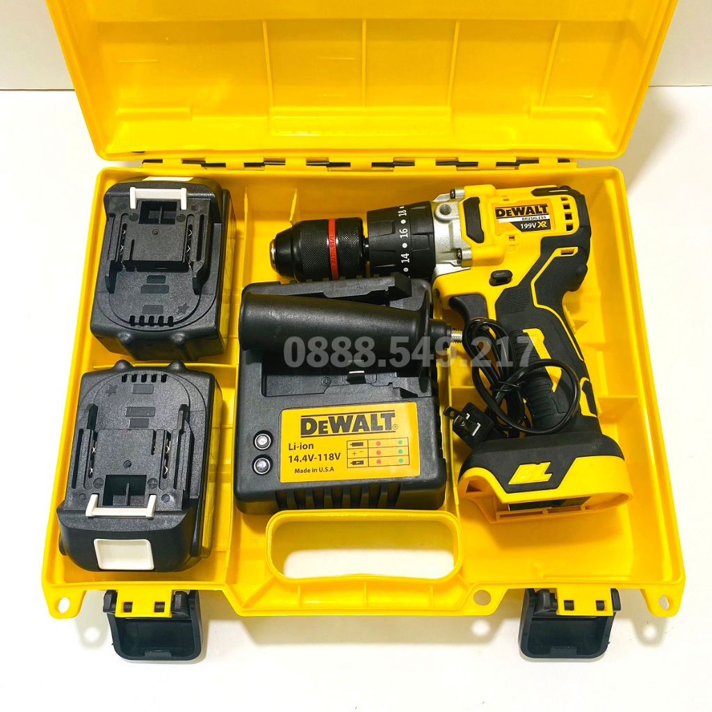Bộ Máy Khoan Pin Dewalt 199V Chuẩn Pin 10 Cells - Động Cơ Lõi Đồng, Có Búa Siêu Khỏe - Đầu Autolook 13Ly