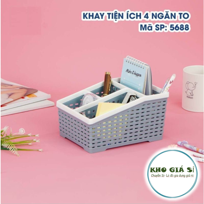 Khay nhựa tiện ích 4 ngăn Việt Nhật để bàn đựng bút, đựng mỹ phẩm đồ dùng đa năng