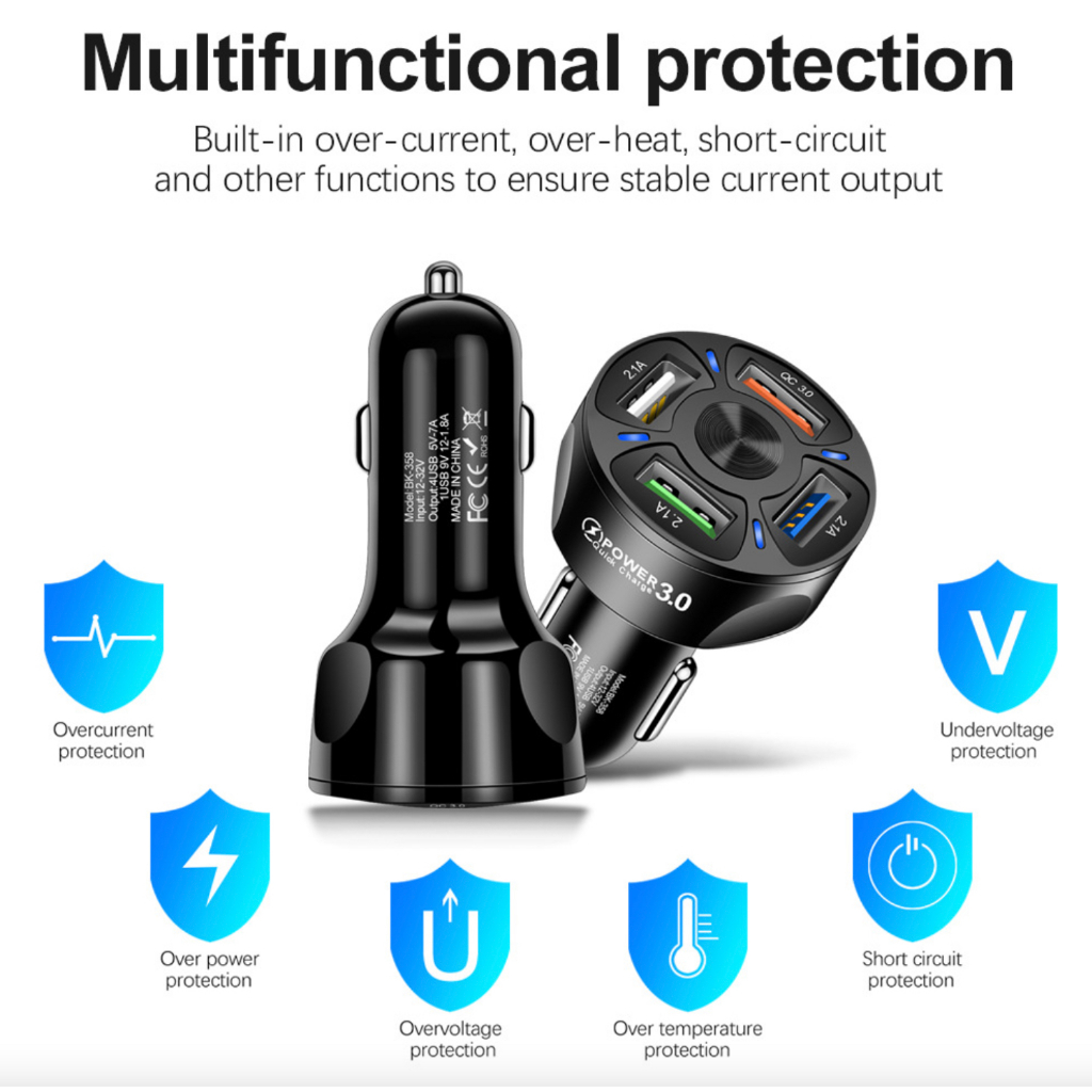 Tẩu sạc nhanh điện thoại tự ngắt thông minh Qualcom 3.0 4 cổng USB 12v-24v mẫu mới cho các xe