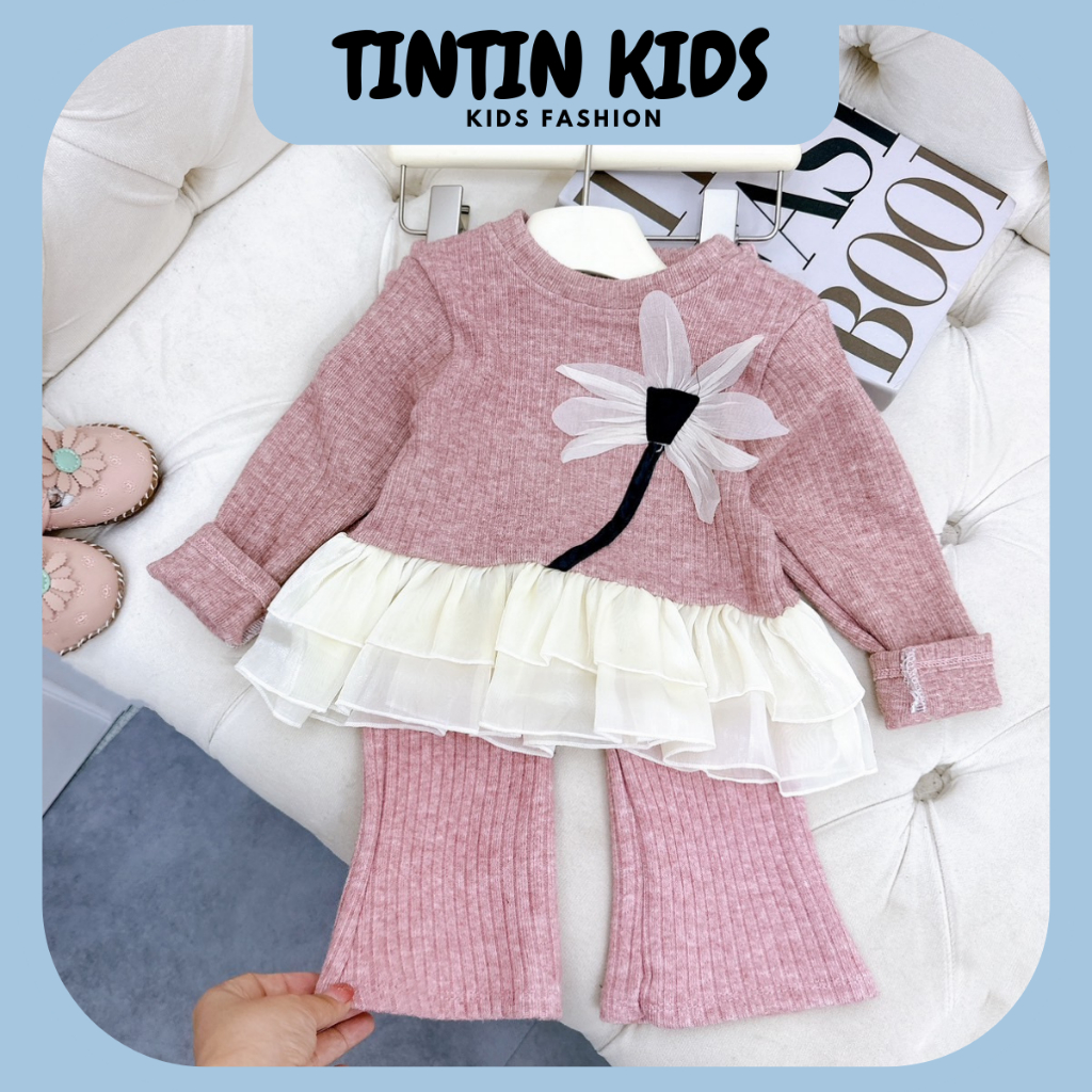 Sét bộ Len lông thỏ xòe đính hoa phối ren cho bé gái, bộ đồ cho bé 7-18kg