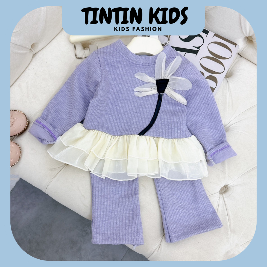 Sét bộ Len lông thỏ xòe đính hoa phối ren cho bé gái, bộ đồ cho bé 7-18kg