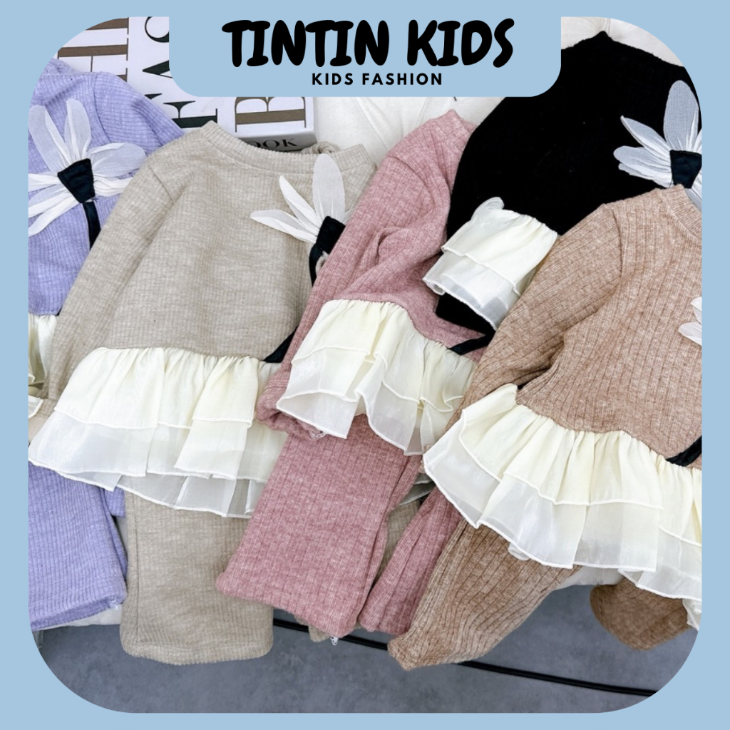 Sét bộ Len lông thỏ xòe đính hoa phối ren cho bé gái, bộ đồ cho bé 7-18kg