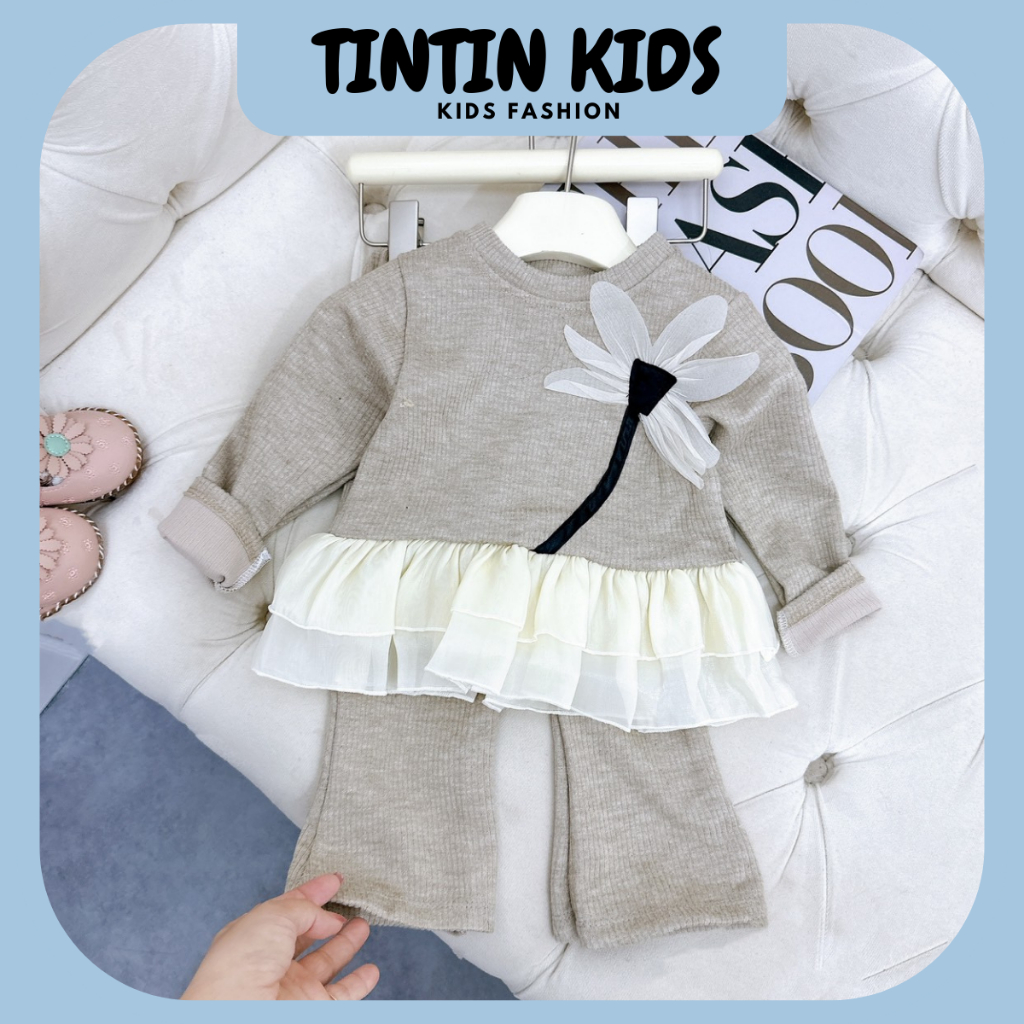 Sét bộ Len lông thỏ xòe đính hoa phối ren cho bé gái, bộ đồ cho bé 7-18kg