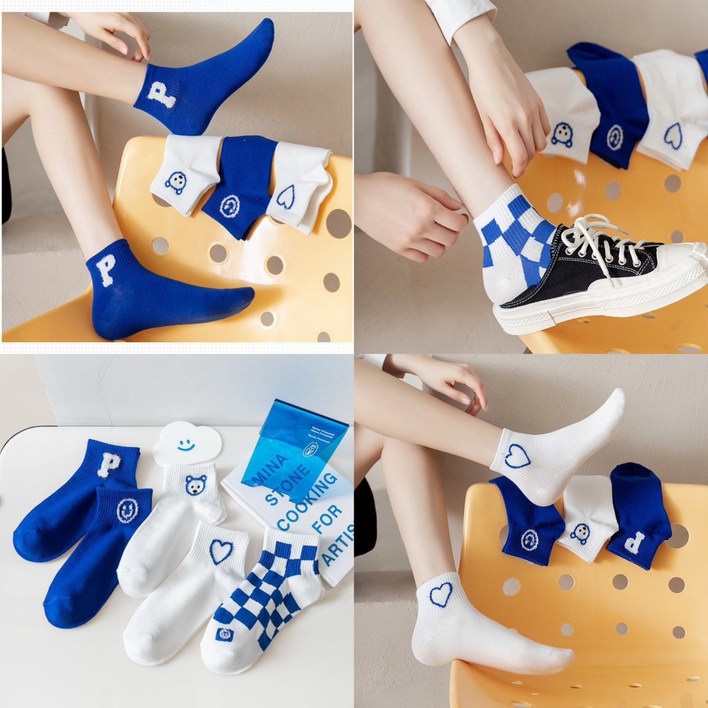 Set 5 Đôi Tất Gấu Xanh P Trendy Cổ Ngắn,Vớ Nữ Họa Tiết Phong Cách Hàn Siêu Cute TCN0