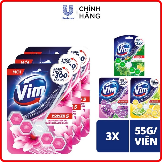 Combo 3 Vĩ Viên Tẩy Bồn Cầu Vim Power 5 Sạch Khuẩn Thơm Mát (55g/viên/vĩ)