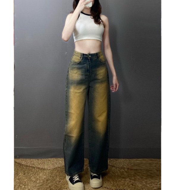 Quần jean nữ suông dài màu bụi đẹp,Quần bò loang màu chất dày không giãn