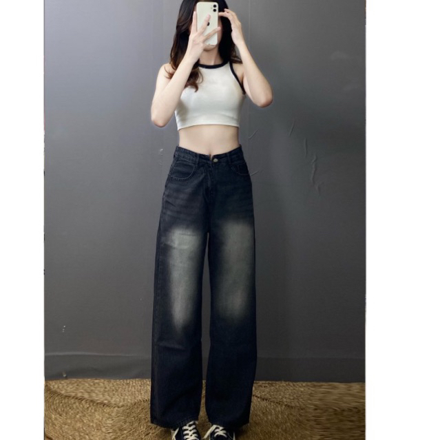 Quần jean nữ suông dài màu bụi đẹp,Quần bò loang màu chất dày không giãn