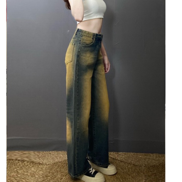 Quần jean nữ suông dài màu bụi đẹp,Quần bò loang màu chất dày không giãn