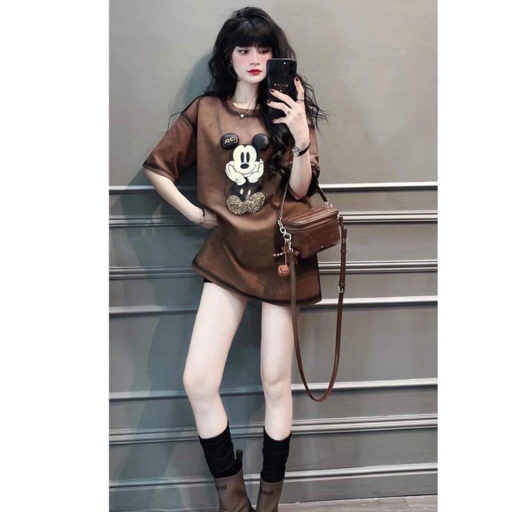 Áo phông mickey 2 màu nâu hồng