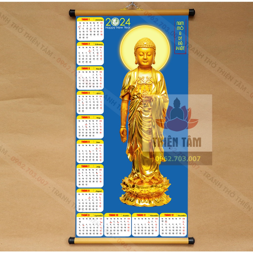 Lịch Phật Giáo 2024 bằng vải phủ bóng cao cấp, dày dặn 40x80cm