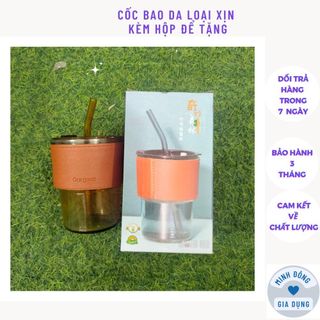 Cốc thủy tinh bọc da có nắp kèm ống hút,  Ly thuỷ tinh GorGous bọc da sang chảnh chống bỏng pha sữa cafe 450ml