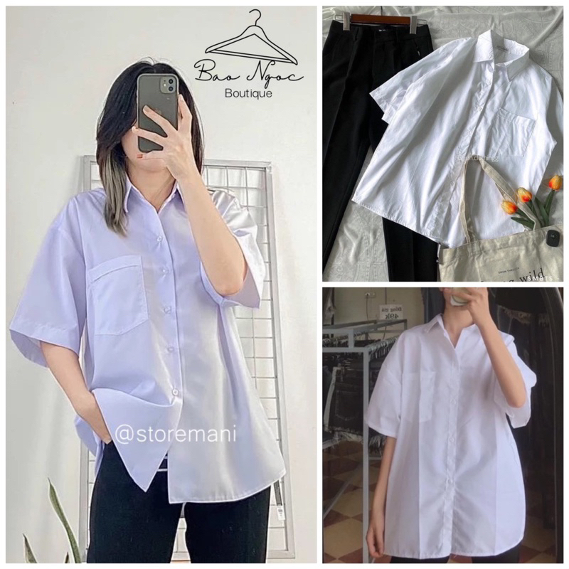 Áo Sơ Mi Tay Lỡ TRẮNG ÁNH XANH CÓ TÚI - Form Rộng Sơ Mi Đi Học