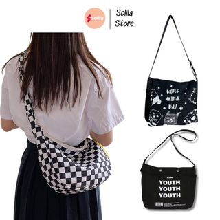 Túi Tote Đeo Chéo Vải Canvas Dành Cho Nam Nữ Đi Học Phong Cách Hàn Quốc Đựng Vừa A4 - SOLILA STORE