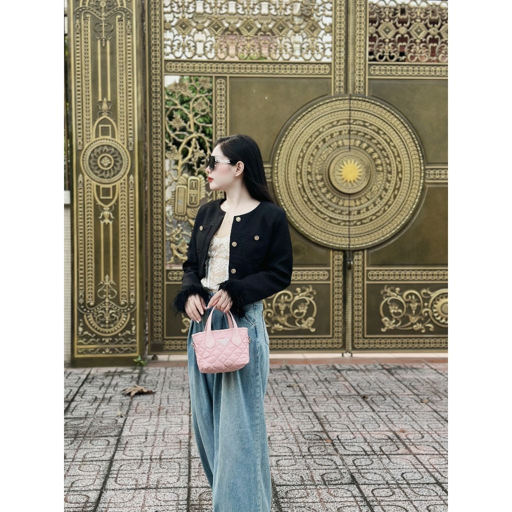 Túi quai xách TOTE mini dù thêu nữ màu hồng đen Prada kèm dây đeo chéo vai tiện lợi đựng nhiều đồ thoải mái