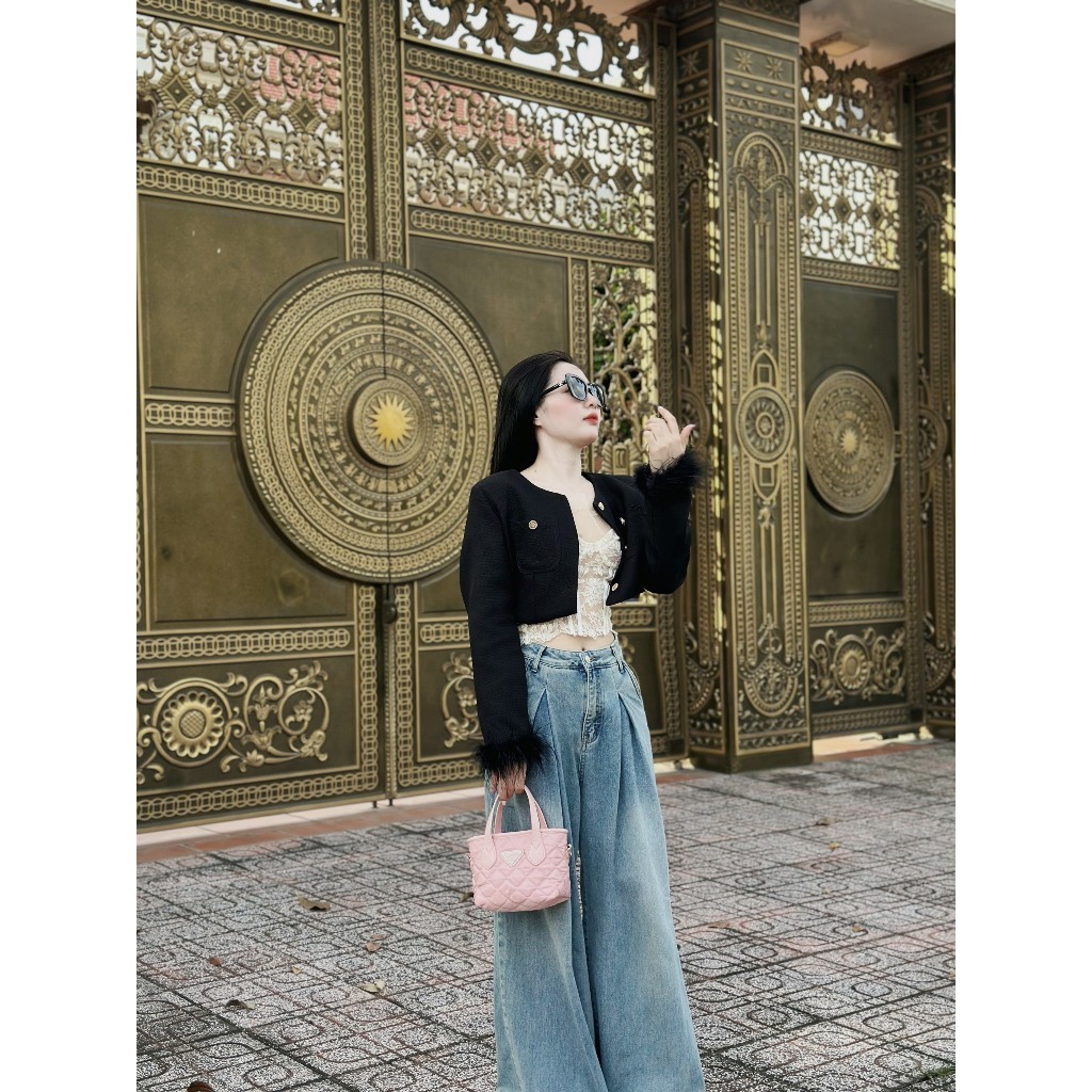 Túi quai xách TOTE mini dù thêu nữ màu hồng đen Prada kèm dây đeo chéo vai tiện lợi đựng nhiều đồ thoải mái