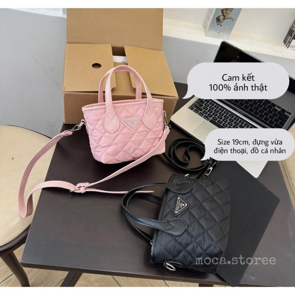 Túi quai xách TOTE mini dù thêu nữ màu hồng đen Prada kèm dây đeo chéo vai tiện lợi đựng nhiều đồ thoải mái