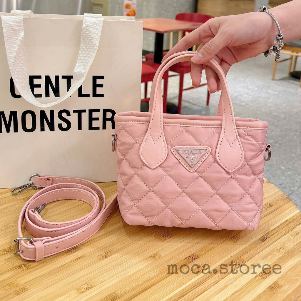 Túi quai xách TOTE mini dù thêu nữ màu hồng đen Prada kèm dây đeo chéo vai tiện lợi đựng nhiều đồ thoải mái