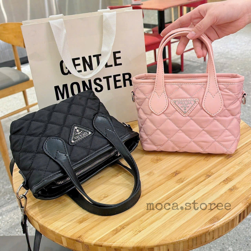 Túi quai xách TOTE mini dù thêu nữ màu hồng đen Prada kèm dây đeo chéo vai tiện lợi đựng nhiều đồ thoải mái