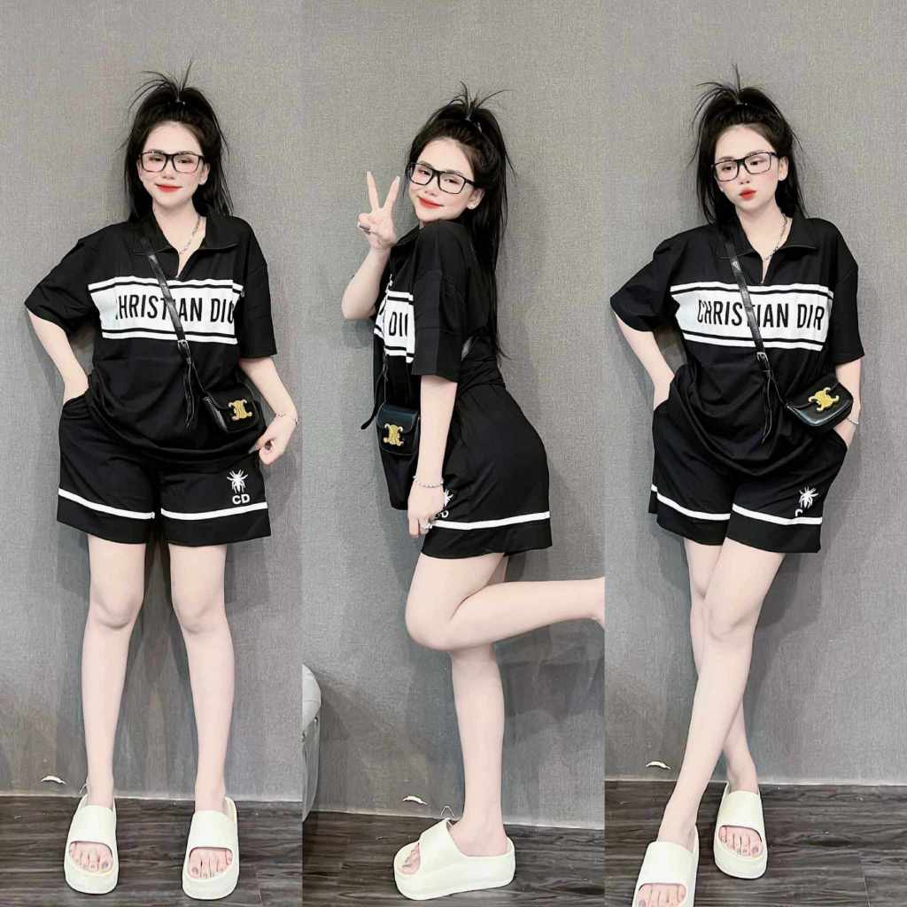 Set đồ bộ ngố quần đùi lưng cao có túi và áo ngắn tay form rộng in chữ vải thun gân tăm dày, quần áo nữ, set đồ bộ