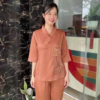 Đồ lam đi chùa nữ - Mẫu 1 nút thêu hoa sen, chất Lụa Pháp