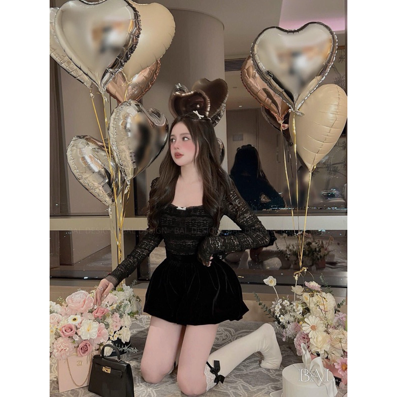 Set áo ren dài tay mix quần đùi nhung phồng kiểu dáng sang chảnh dễ thương, Set thiết kế áo ren quần nhung