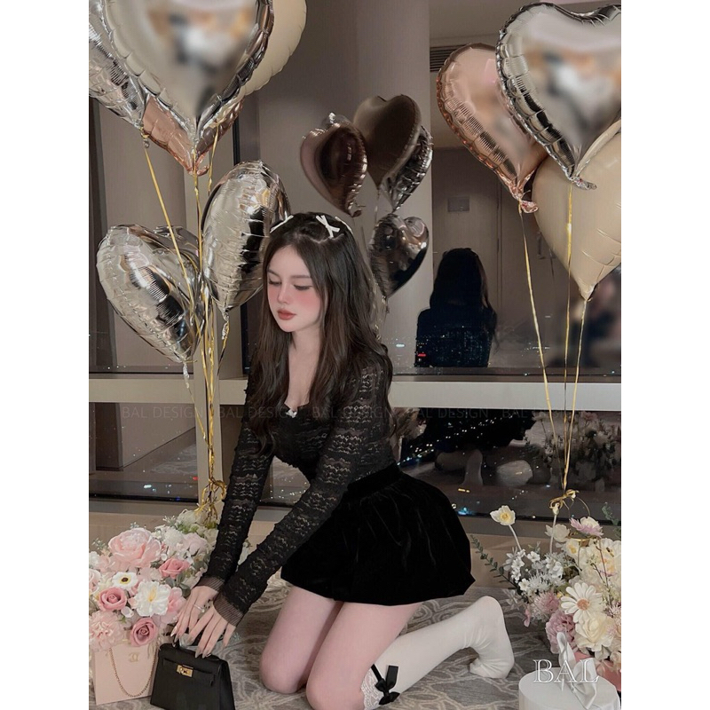 Set áo ren dài tay mix quần đùi nhung phồng kiểu dáng sang chảnh dễ thương, Set thiết kế áo ren quần nhung