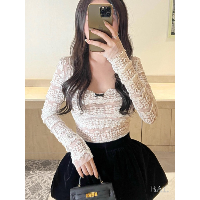 Set áo ren dài tay mix quần đùi nhung phồng kiểu dáng sang chảnh dễ thương, Set thiết kế áo ren quần nhung