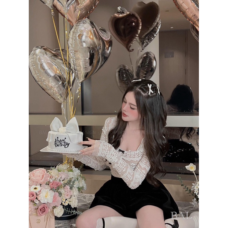 Set áo ren dài tay mix quần đùi nhung phồng kiểu dáng sang chảnh dễ thương, Set thiết kế áo ren quần nhung